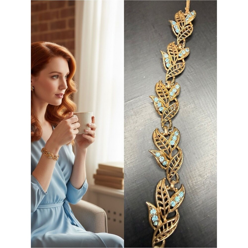 Gold Tone Leaf Link Bracelet Blue Rhinestone Vintage Style
